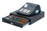 Sam4s ER-180UL Cash Register diagonal view with large drawer open showing cash