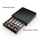 Standard Cash Drawer Diagonal view Open with cash and dimensions